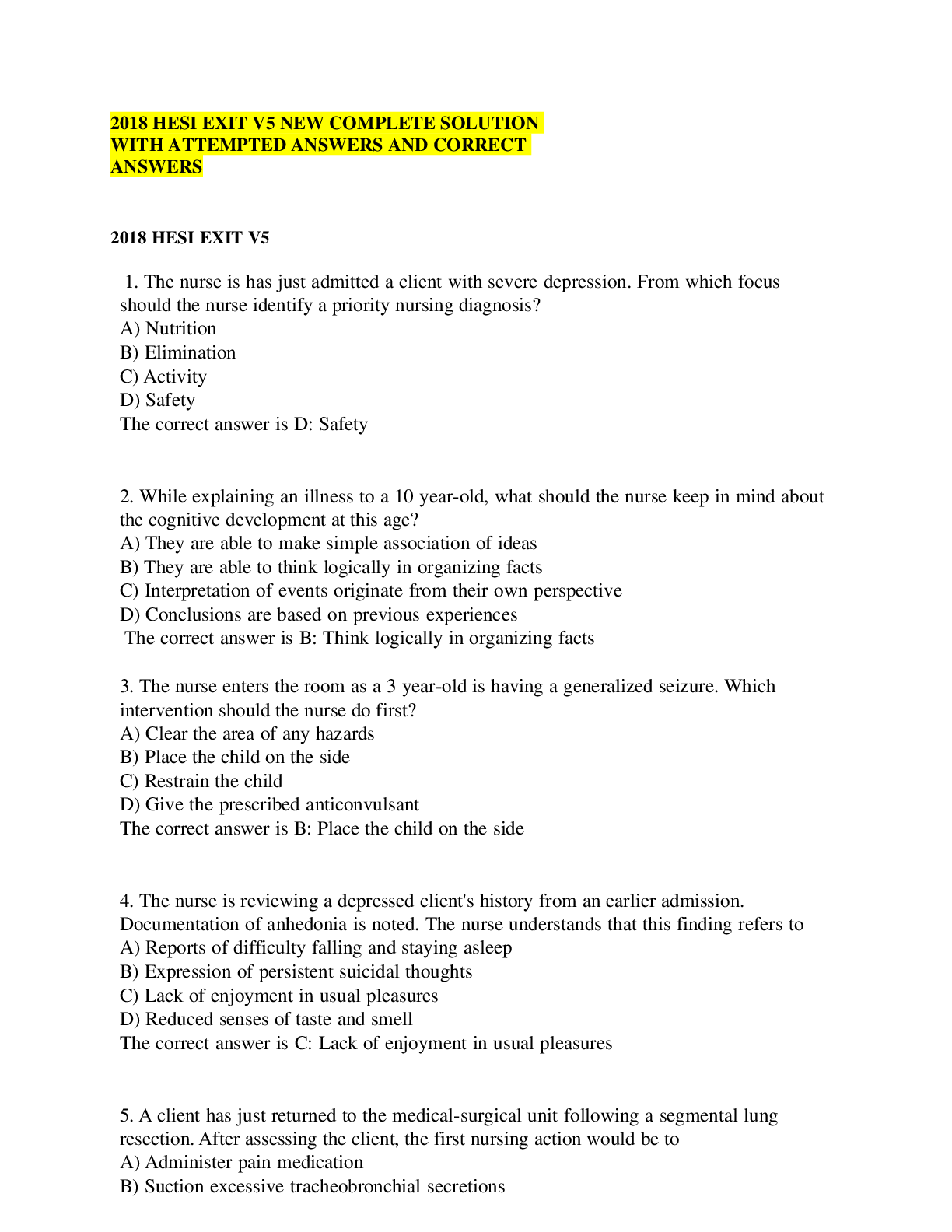 Preview image for 2018 HESI EXIT V5 NEW COMPLETE SOLUTION WITH ATTEMPTED ANSWERS AND CORRECT ANSWERS